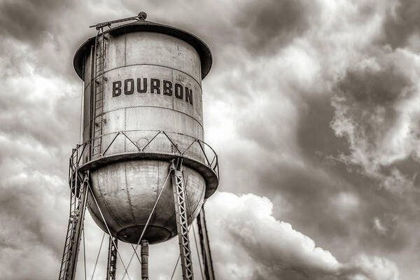 America Poster featuring the photograph Bourbon Water Tower Whiskey Barrel With Clouds - Sepia Edition by Gregory Ballos