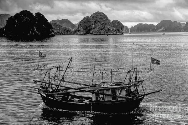 Vietnam Poster featuring the photograph BW Fishing Vessel Ha Long Bay by Chuck Kuhn