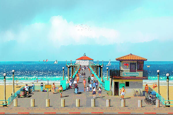California Beach Poster featuring the painting California Beach Scene / Manhattan Beach by David Arrigoni