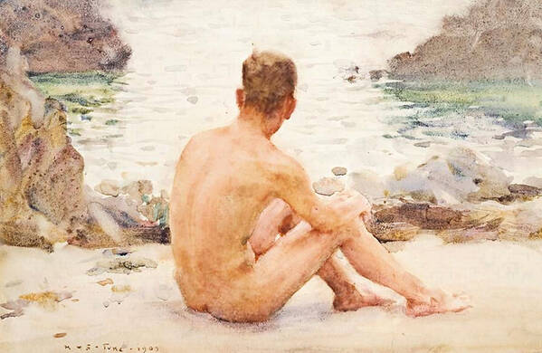 Henry Scott Tuke Poster featuring the painting Charlie Seated in the Sand by Henry Scott Tuke