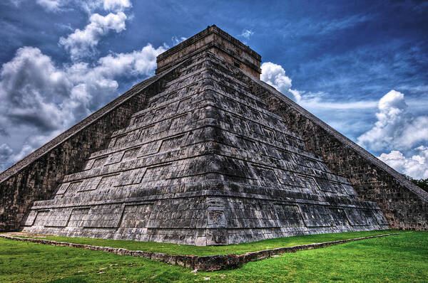 Grass Poster featuring the photograph Chichen Itza Pyramid With A Blue Sky by Riccardo Mantero
