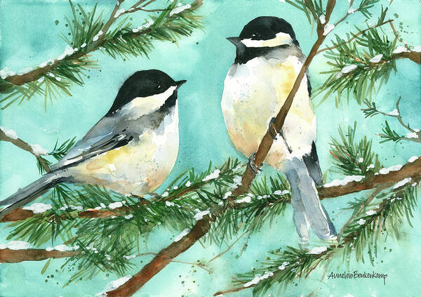 Male Chickadees Poster featuring the painting Chickadee Chat by Annelein Beukenkamp