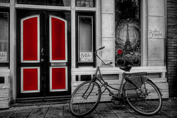 Amsterdam Poster featuring the photograph City Bike Downtown Black and White Color Selected Red by Debra and Dave Vanderlaan