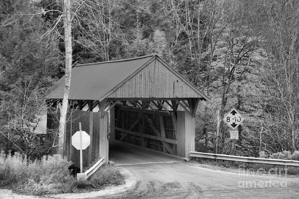 Red Covered Bridge Poster featuring the photograph Cole Hill Road Covered Bridge Black And White by Adam Jewell