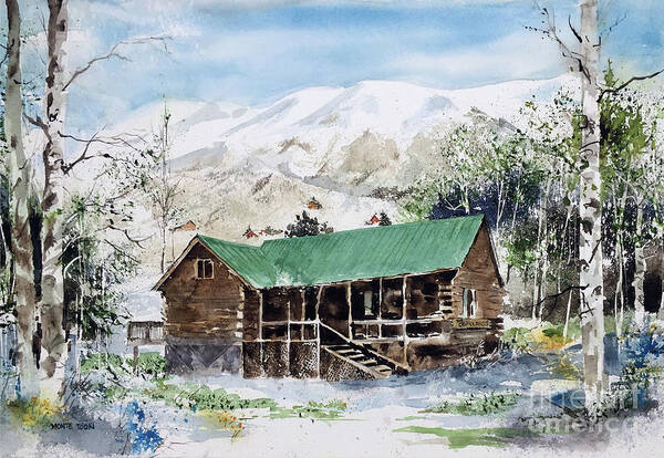 A Log Cabin Is Nestled In The Forest In The Mountains Of Colorado. It Is Early Spring. Poster featuring the painting Colorado Haven by Monte Toon