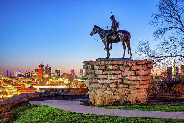 Kansas City Skyline Poster featuring the photograph Colorful Kansas City Skyline and The Scout by Gregory Ballos