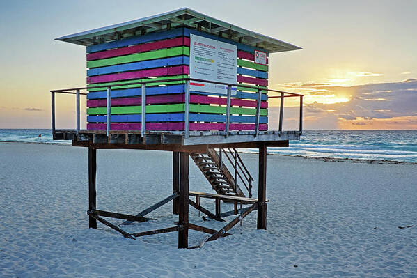 Cancun Poster featuring the photograph Colorful Lifeguard House on Cancun Beach at Sunrise Playa Cancun Mexico MX by Toby McGuire