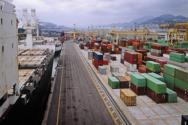 Freight Transportation Poster featuring the photograph Container Shipping, Port Of Genoa, Italy by Alberto Incrocci