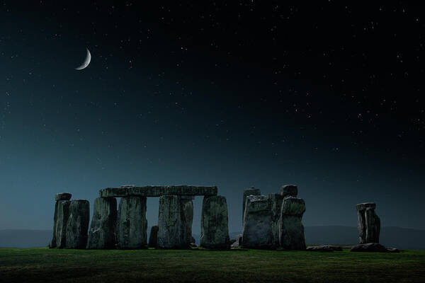 Tranquility Poster featuring the photograph Crescent Moon Over Stonehenge Monument by Chris Clor