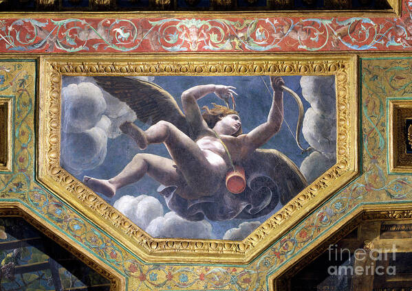 Bow (weapon) Poster featuring the painting Cupid, Ceiling Caisson From The Sala Di Amore E Psyche, 1528 by Giulio Romano