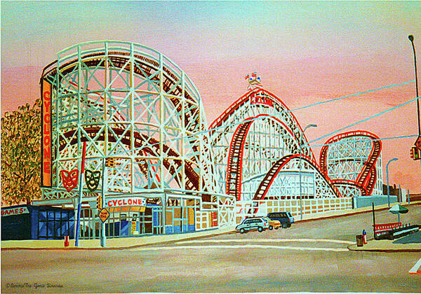  Poster featuring the painting Cyclone Roller Coaster Full Pillow Version by Bonnie Siracusa