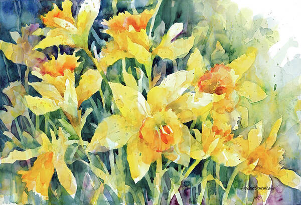 Daffodil Party Poster featuring the painting Daffodil Party by Annelein Beukenkamp