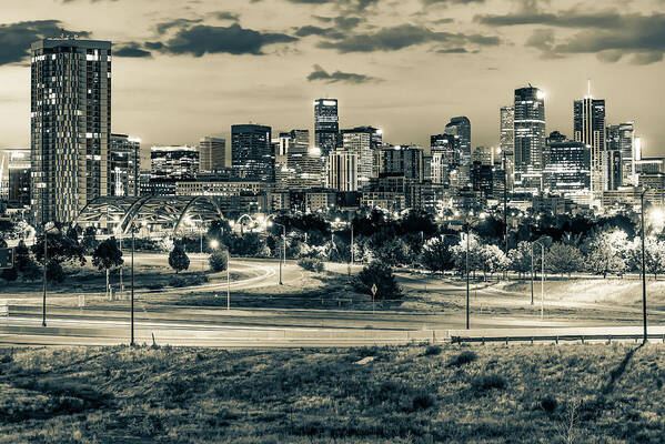 Denver Skyline Poster featuring the photograph Denver Colorado Skyline at Dawn in Sepia Monochrome by Gregory Ballos