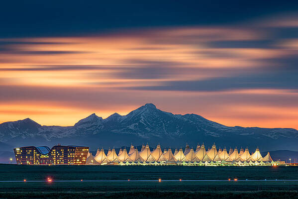 Cityscape Poster featuring the photograph Denver International Airport In Dusk With Longs Peak As Background by Mei Xu