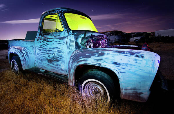 Damaged Poster featuring the photograph Derelict Pickup Truck At Night by Andipantz