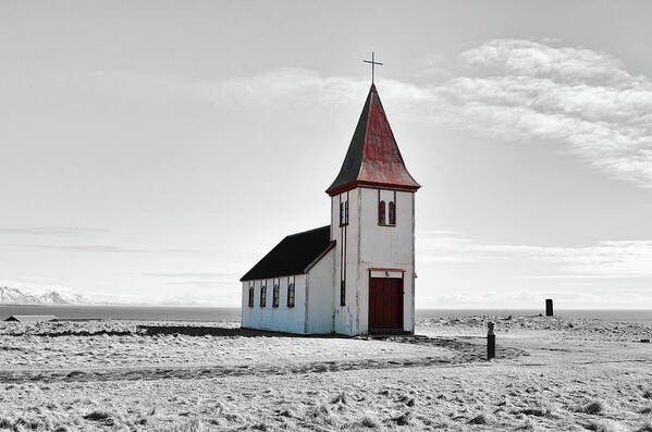 Travelpixpro Poster featuring the digital art Distressed Old Church Coastal Iceland Color Splash by Shawn O'Brien