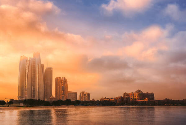 Etihad Poster featuring the photograph Etihad Towers & Emirates Palace, Abu Dhabi, Uae by Mohamed Kazzaz