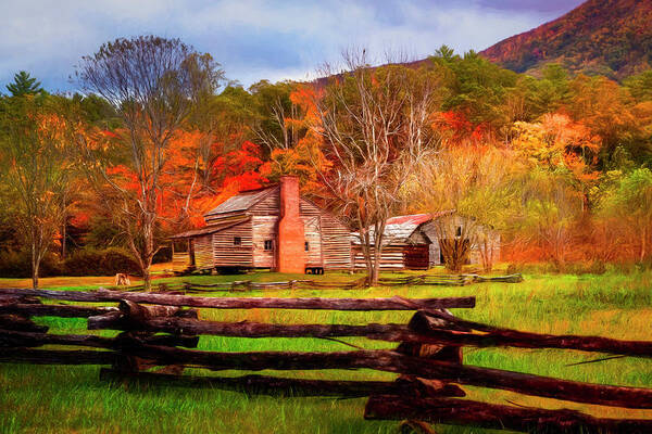 Barn Poster featuring the photograph Fences and Cabins Cades Cove Painting by Debra and Dave Vanderlaan