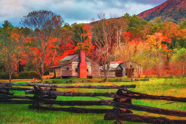 Barn Poster featuring the photograph Fences and Cabins Cades Cove Watercolors by Debra and Dave Vanderlaan