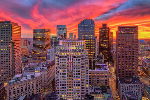 Boston Poster featuring the photograph Fiery Sunset over Boston by Kristen Wilkinson