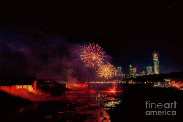  #niagarafalls #canada #waterfalls #waterfall #nature #photography #photographer #instagram #picoftheday #imageoftheday #aurorahdr2019 #longexpo_addiction #fireworks #horseshoefalls #niagarariver #americanfalls #iloveny #exploring #thegreatoutdoors #wanderlust #night #beauty #scenic Poster featuring the photograph Fireworks over the falls. by Jim Lepard