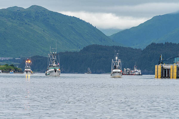 Kodiak Poster featuring the photograph Fishing Boats Leaving Kodiak by Mark Hunter