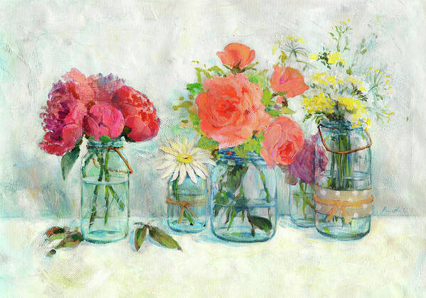 Flowers In Mason Jars Poster featuring the mixed media Flowers In Mason Jars by Marietta Cohen Art And Design