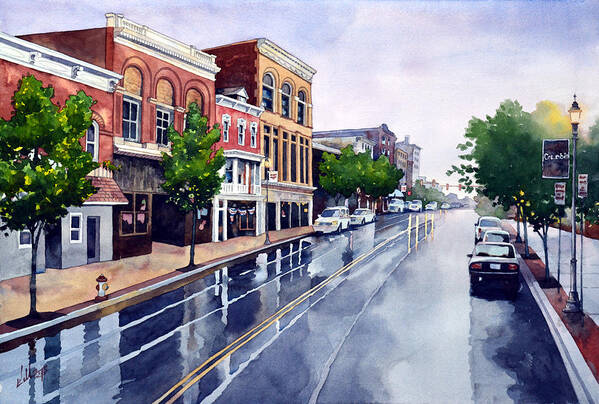 #landscape #cityscape #watercolor #rain #rainy #reflections #fineart #buildings Poster featuring the painting Gaslights and Afternoon Rain by Mick Williams