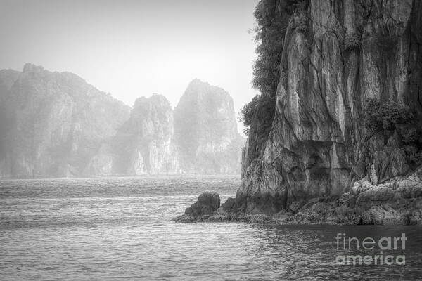 Vietnam Poster featuring the photograph Gigantic Limestone Black White Ha Long Bay Vietnam by Chuck Kuhn