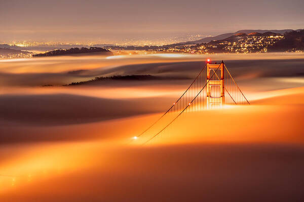 Night Poster featuring the photograph Golden Gate Bridge Covered By Low Fog. by Jennie Jiang