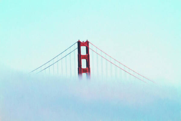 Golden Gate Rising Above The Fog Poster featuring the digital art Golden Gate Rising Above The Fog by Bonnie Follett