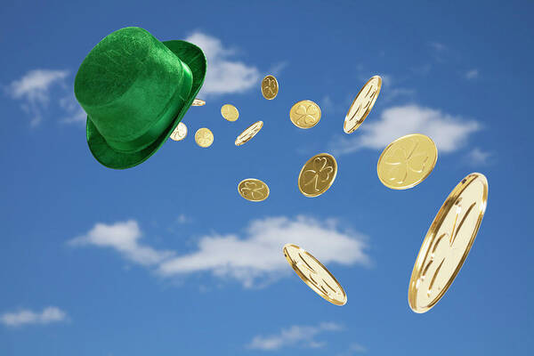 Coin Poster featuring the photograph Green Hat Sweeping Gold Coins by Vstock Llc