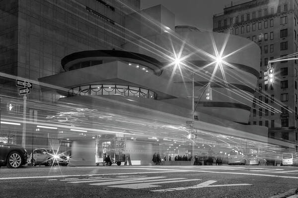 Guggenheim Poster featuring the photograph Guggenheim Museum NYC Light Streaks BW by Susan Candelario
