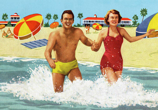 Adult Poster featuring the drawing Happy Couple at the Beach by CSA Images