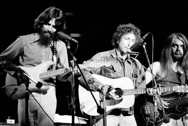 Musician Poster featuring the photograph Harrison, Dylan, & Russell Perform onstage by Bill Ray