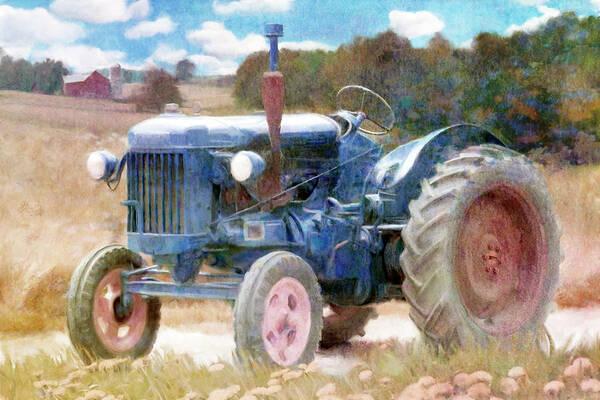 Harvest Time Blue Tractor Poster featuring the painting Harvest Time Blue Tractor by Katrina Jones