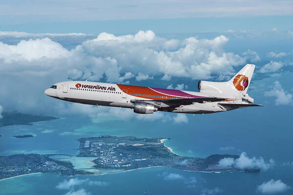 Hawaiian Airlines Poster featuring the mixed media Hawaiian Airlines L-1011 Over the Islands by Erik Simonsen
