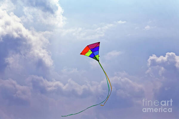High Flying Swirling Kite Poster featuring the photograph High Flying Multicolored Red Yellow Green Blue Purple Triangular Kite Flying Sunny Cloudy Blue Sky by Robert C Paulson Jr