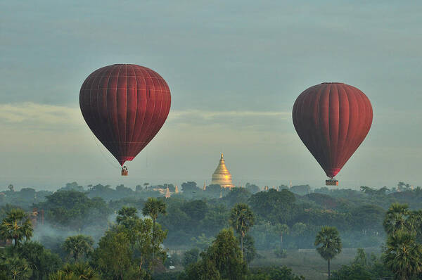 Scenics Poster featuring the photograph Hot Air Balloons Over Bagan In Myanmar by Huang Xin