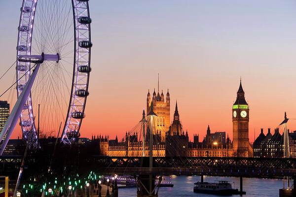 Outdoors Poster featuring the photograph Houses Of Parliament & The London Eye by Peter Adams