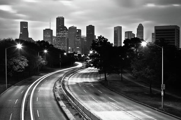 Scenics Poster featuring the photograph Houston, Skyline In Black And White by Moreiso