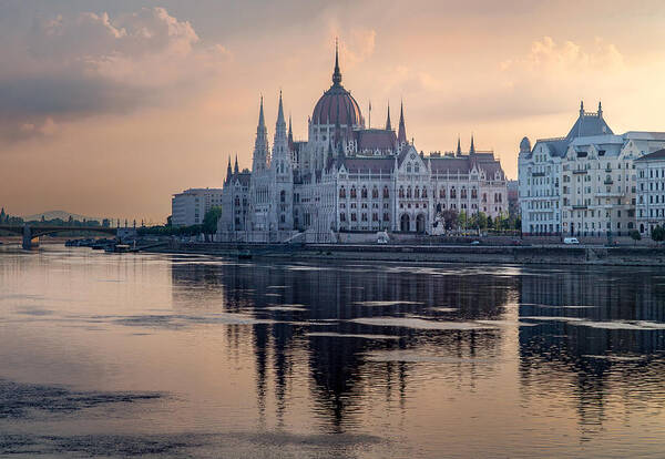 Budapest Poster featuring the photograph Hungary\'s Iconic Yet Oversized Parliament In Soft Evening Light by Rudy Mareel