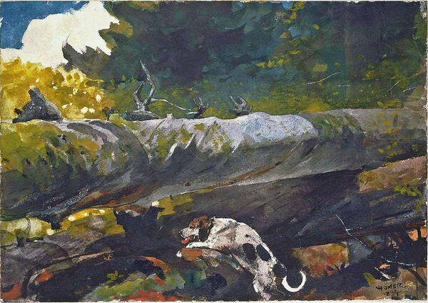 Winslow Homer Poster featuring the drawing Hunting Dog among dead Trees by Winslow Homer