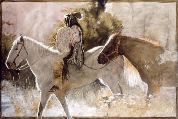 Native American Man On A Horse Leading Another Horse Poster featuring the painting In The Lead by J. E. Knauf