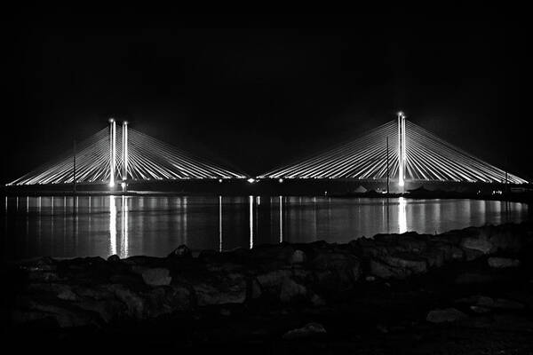 Indian River Bridge Poster featuring the photograph Indian River Bridge After Dark in Black and White by Bill Swartwout