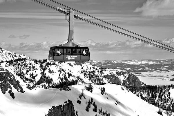 Jackson Hole Tram Poster featuring the photograph Jackson Hole Aerial Tram Over The Snow Caps Black And White by Adam Jewell
