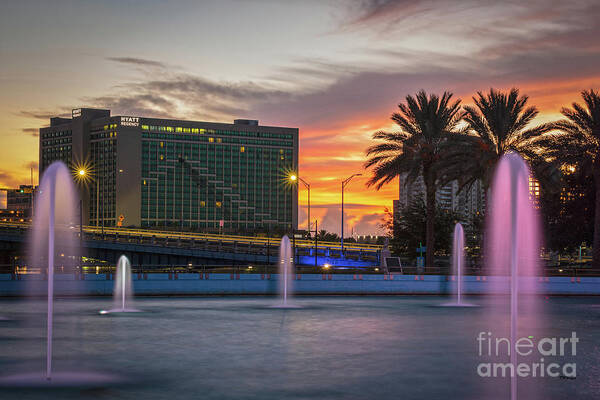 Sunrise Poster featuring the photograph JAX Cityscape Sunrise At The Fountains by DB Hayes