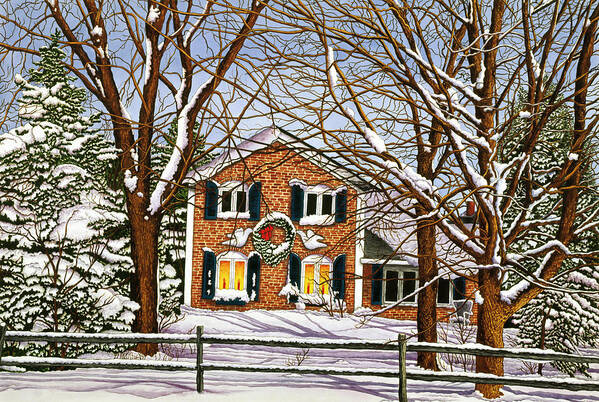 Big Brick House Decorated For Christmas With Trees In Front Of It Poster featuring the painting Joy To The World by Thelma Winter