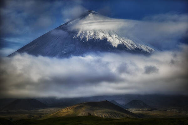 Kamchatka Kluchevskoy Volcano Russia Poster featuring the photograph Kluchevskoy Volcano In Cloud Coat by Ivan A. Godovikov