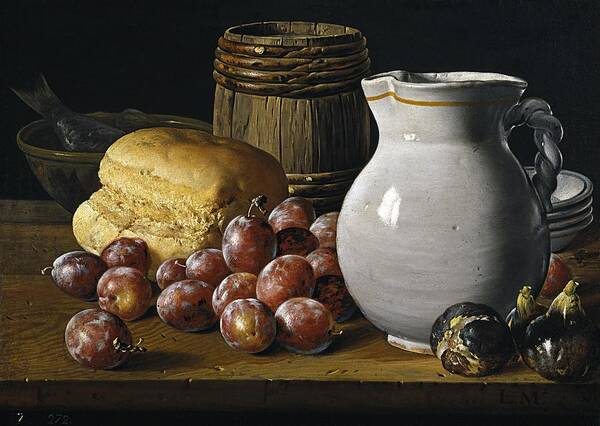 Luis Egidio Melendez Poster featuring the painting Luis Egidio Melendez / 'Still Life with Plums, Figs, Bread and Fish', 18th century, Spanish School. by Luis Melendez -1716-1780-